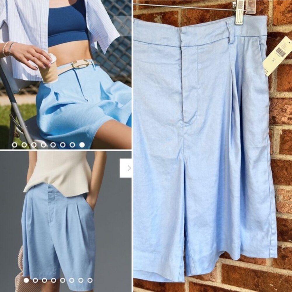 Anthropologie New Maeve Avery Pleated Trouser Shorts Linen Blend Light Blue US 8